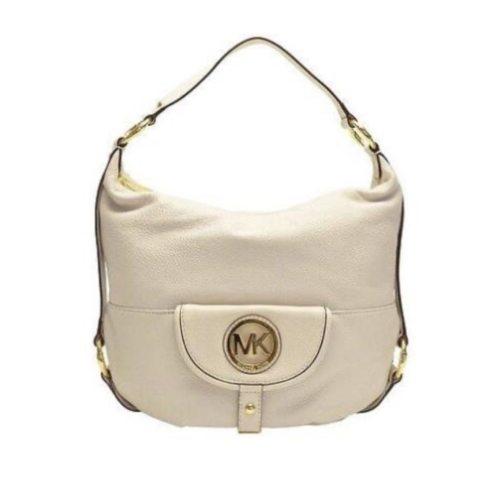MICHAEL KORS Fulton Hobo White Vanilla Pebbled Leather Hobo Satchel Shou…